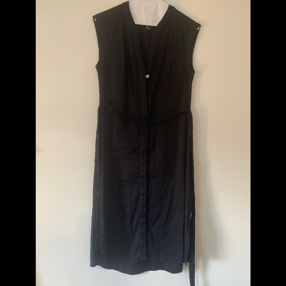 Tahari 2 Linen Blend Stretchy Button Down Knee Length Black Sleeveless Dress